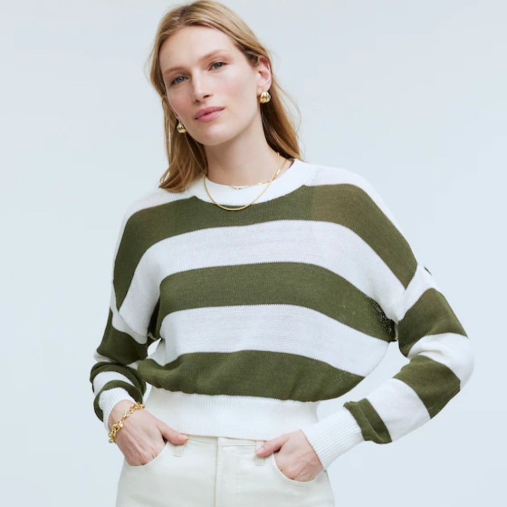 Madewell Sweater Womens Medium White Green Stripe Loose Knit Crewneck Size XXS